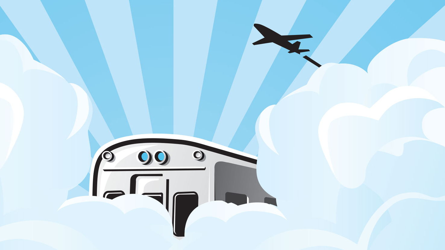 A Line train illustration with clouds ad plane.